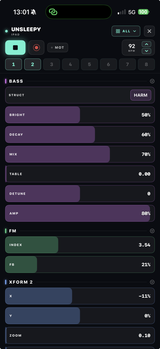 VS Remote on an iPhone: transport, scene pads and the exposed modules of a live patch, grouped per machine